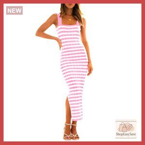 Sleeveless Ribbed Knit Midi Dress Bodycon Slim Fit Square Neck Backless